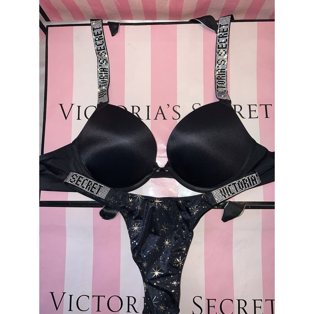 Victoria's Secret Push Up Bra Shine Strap BEAUTIFUL 32C Small Thong Gold Bursts